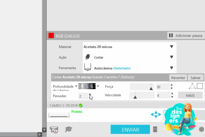 Configuração de corte de acetato no Silhouette Studio
