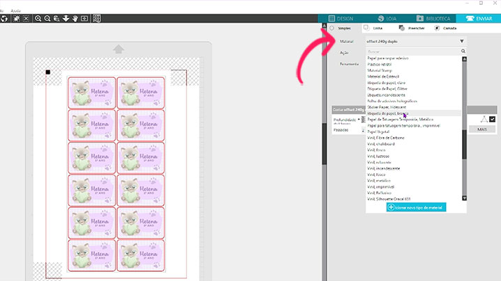 Selecionando o material que será cortado Selecionando o material que será cortado